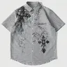 Men's Fashionable Comfortable Streetwear, Summer Plaid Cross Print Short Sleeve Button Front Casual Shirt for Daily Wear, Stylish Menswear