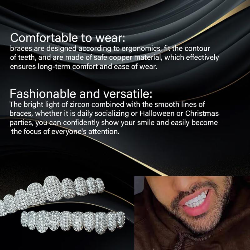 MAYLOR Hip Hop 2 pcs/set Valentine's Day gift Birthday gift Silver Cubic Zirconia Grillz -Designed to sit over your teeth, not custom-molded, 10 Teeth Adjustable Dental Braces, Mirror-Shine Teeth Jewelry for Rappers