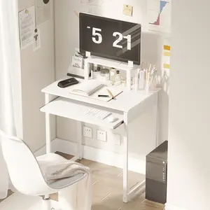 Modern White Computer Desk with Monitor Stand and Keyboard Tray, Small Writing Study Table for Home Office, Space Saving Design, Simple Workstation for Bedroom & Living Room