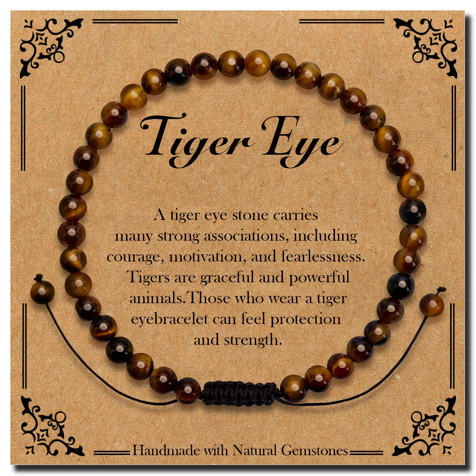 Unisex Handcrafted Beading Genuine Stone Tiger Eye Bracelet - Everyday Natural Crystal Bracelets & Bangles, Courage Healing Gemstone, Elegant Inspirational Gift with Card