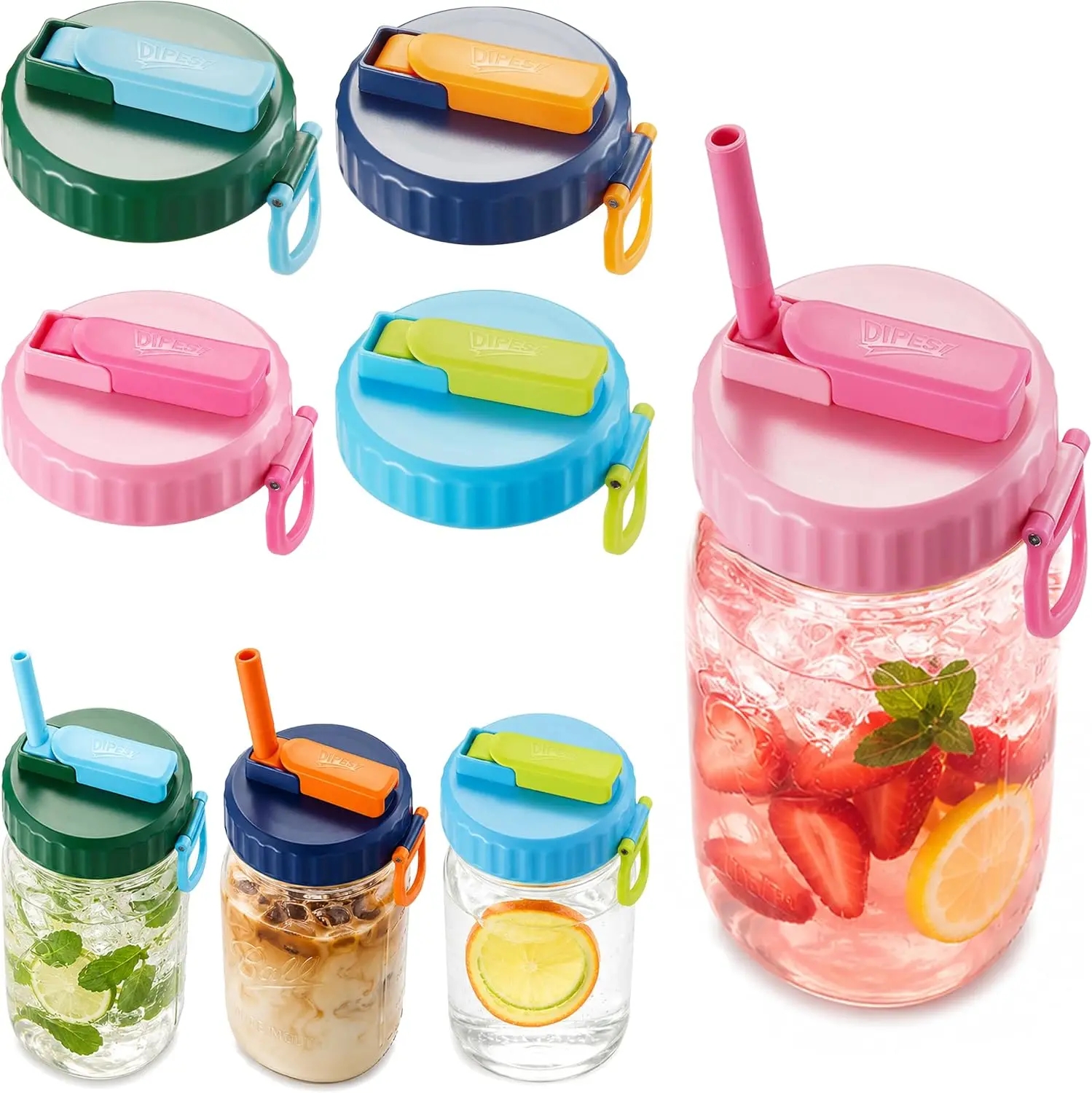DIPESI 4pcs Wide Mouth Mason Jar Lids with Straw, Leak-Proof Drinking Jar Covers with Flip-Up Hidden Straw, BPA-Free Reusable Mason Jar Caps Compatible with Ball & Kerr Jars for Smoothies, Juice & Storage