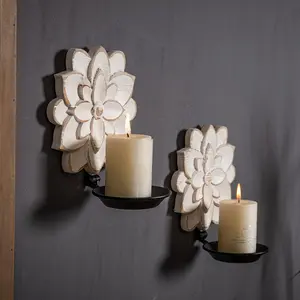 Set of 2 Farmhouse Handcarved Wall Candle Sconces, Distressed Flower Pattern Rustic Decorative Candle Holders Wall Decor for Living Room Hallway