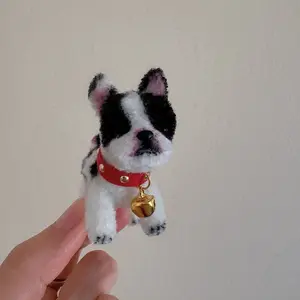 Handmade Miniature French Bulldog with Bell Collar – Adorable Wool Pipe Cleaner Puppy Toy