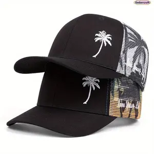 Unisex Coconut Embroidery Trucker Hat - Adjustable Mesh Fabric, Breathable Ventilation, Hats for Women, Tropical Summer Outdoor Beach Casual Accessory