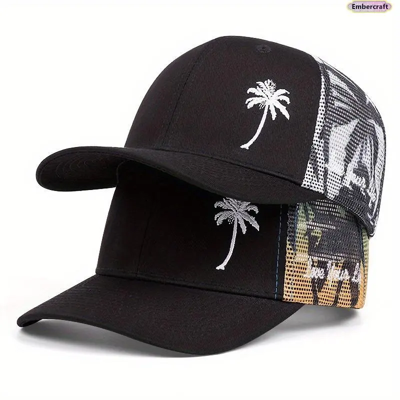 Unisex Coconut Embroidered Trucker Hat - Adjustable Flat Mesh Cotton Fabric, Cooling Breathable Ventilation, Tropical Summer Outdoor Accessory, Hats for Women