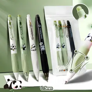 4 minimalist erasable gel pens with panda themed design, proper posture grip, simple cute style, smooth ink flow, quick drying, DIY study office writing, black erasable gel pens with large capacity