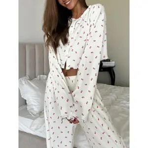 Women's Autumn Winter Casual Knit Set, Heart Pattern Long Sleeve Top & Pants, Loose-Fitting Christmas Valentine's Day Nightwear
