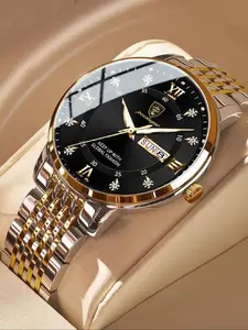 Men's Business Round Dial Luminous Analog Quartz Watch, Stainless Steel Watches, Fashion Waterproof Watch for Party, Daily Clothing Decor, Trendy All-match & Exquisite Watch for Gift, National Day Offers