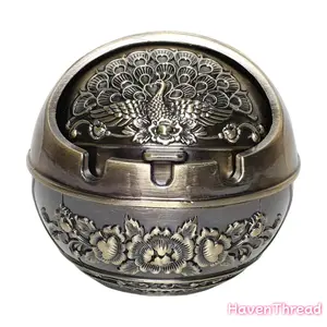 HavenThread Vintage Metal Peacock Print Ashtray 1 Count Portable Travel Ashtray Reusable for Outdoor Dining Room Office Indoor Home Bar Use Travel Essentials with Secure Lid