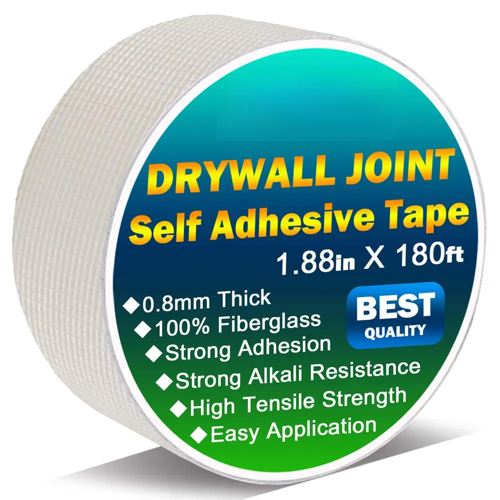 Heavy-Duty Self-Adhesive Fiberglass Mesh Drywall Joint Tape Roll - 13 MESH, 1.88-inch x 180-ft, 0.8mm Thickness, Alkali-Resistant, Easy to Apply for Wall Cracks, Seams, Small Holes in Drywalls