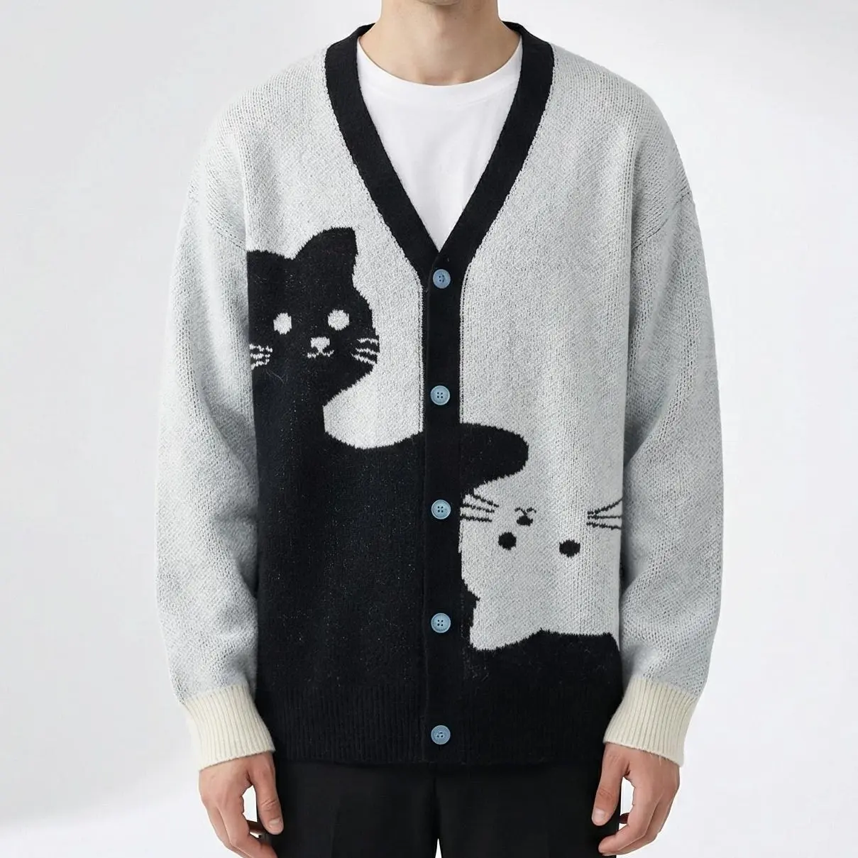 Men's Solid Color Polyester Cartoon Cat Pattern Long-Sleeve Knitwear Cardigan Tops - 2026 Unisex Casual Menswear, Couple Option Jacket, Sexy, Wedding, Party, Chic, Button, Fitted Cut, Fashion, Halloween, Christmas, Thanksgiving, Minimalist, Elegant, Athle