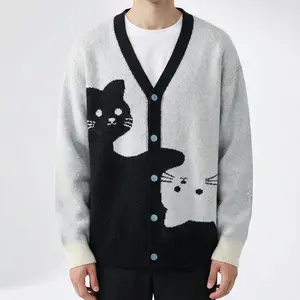 2026 Men's and Women's Spring/Summer Cardigan Sweater Jacket - Unisex - Couple Sweater - Solid Color with Cat Pattern - Polyester - Casual Student Style