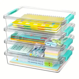 A set of 4 transparent storage boxes, suitable for storing documents, sundries, kitchen supplies, and office storage items. Made of plastic, they are unbreakable and odorless.