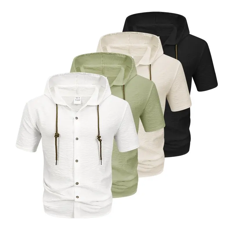 2026 Summer Men's Fashion Solid-Color Casual Short-Sleeve Hooded Drawstring Ruched Cardigan-Style T-Shirt Trendy Versatile Menswear Tshirt Top Streetwear