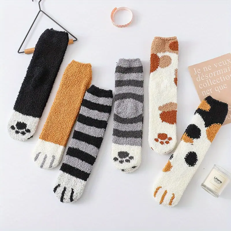 Women's 10-Pair Thick Coral Cloth Thermal Comfy Fluffy Cute Polyester Velvet Cat Paw Print Plush Slippers & Striped Stocking Floor Socks - Soft, Elastic, Breathable, Fit, Outdoor, Fall Winter School Wear, Elastic Bands, Wife Xmas Gifts, Funny
