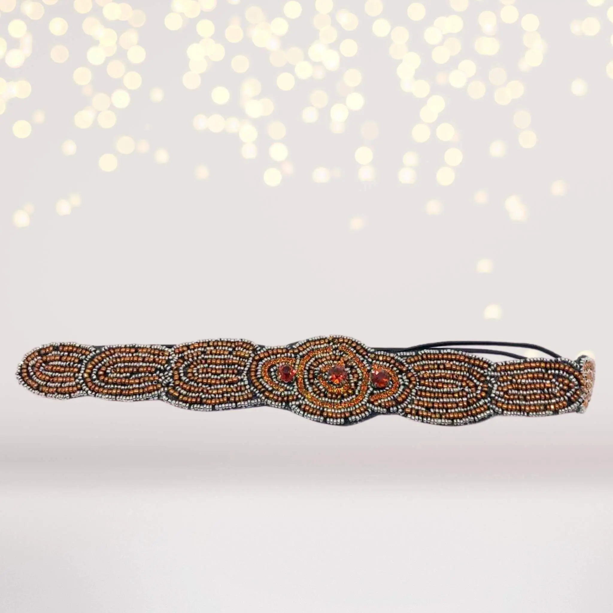 Female Boho Chic Design Beaded Headband - Amber Gemstone, Tribal Beadwork, Ethnic Style - Premium Acrylic-Polyester Elastic Band, One Size Fits Most Hair Accessory for Yoga Class, Amber Gemstones