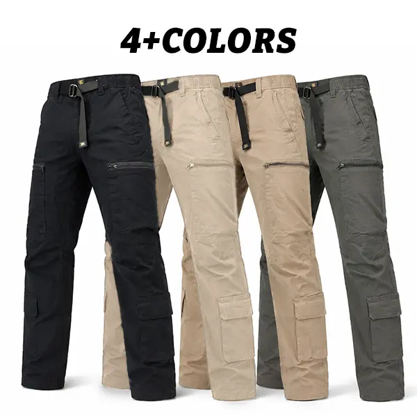 American-style outdoor functional multi-pocket cargo straight-leg pants — removable woven belt waistband, wrinkle-resistant, quick-drying long pants for hiking, fishing, and everyday wear