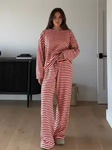 Women's Striped Casual Set, Long Sleeve Loose T-Shirt and Pants, Spring and Fall Home Wear, Leisure and Sports