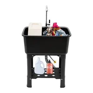 CNCEST Laundry Sink Freestanding Plastic Utility Sink with Storage Shelf Faucet Drain Kit Modern Black 360° Rotating Faucet 22.05*12.6*10.24 Inches