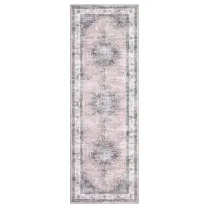 2 x 6 ft Polyester Pink Rectangular Runner Rug - Vintage Floral Medallion, Machine Washable Low Pile, Home Decorative Floral Area Rug for Laundry & Bathroom, House Accessories