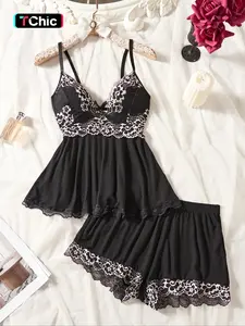 Women's Contrast Lace Bow Decor Cami Top & Shorts Pyjama Set, Sexy Comfy Fit Modal Pajama Set for Women, Women's Sleepwear & Loungewear for Summer