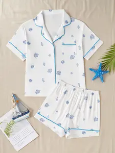 Women's Two-Piece Sleepwear Set, Seahorse & Shell Print, Short Sleeve Button-Down Top, Elastic Waist Shorts, Casual Style All Season Loungewear, Pajama