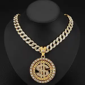 Iced Out Cuban Link Chain Dollar Sign Pendant Hip Hop Necklace for Men Women Fashion Jewelry