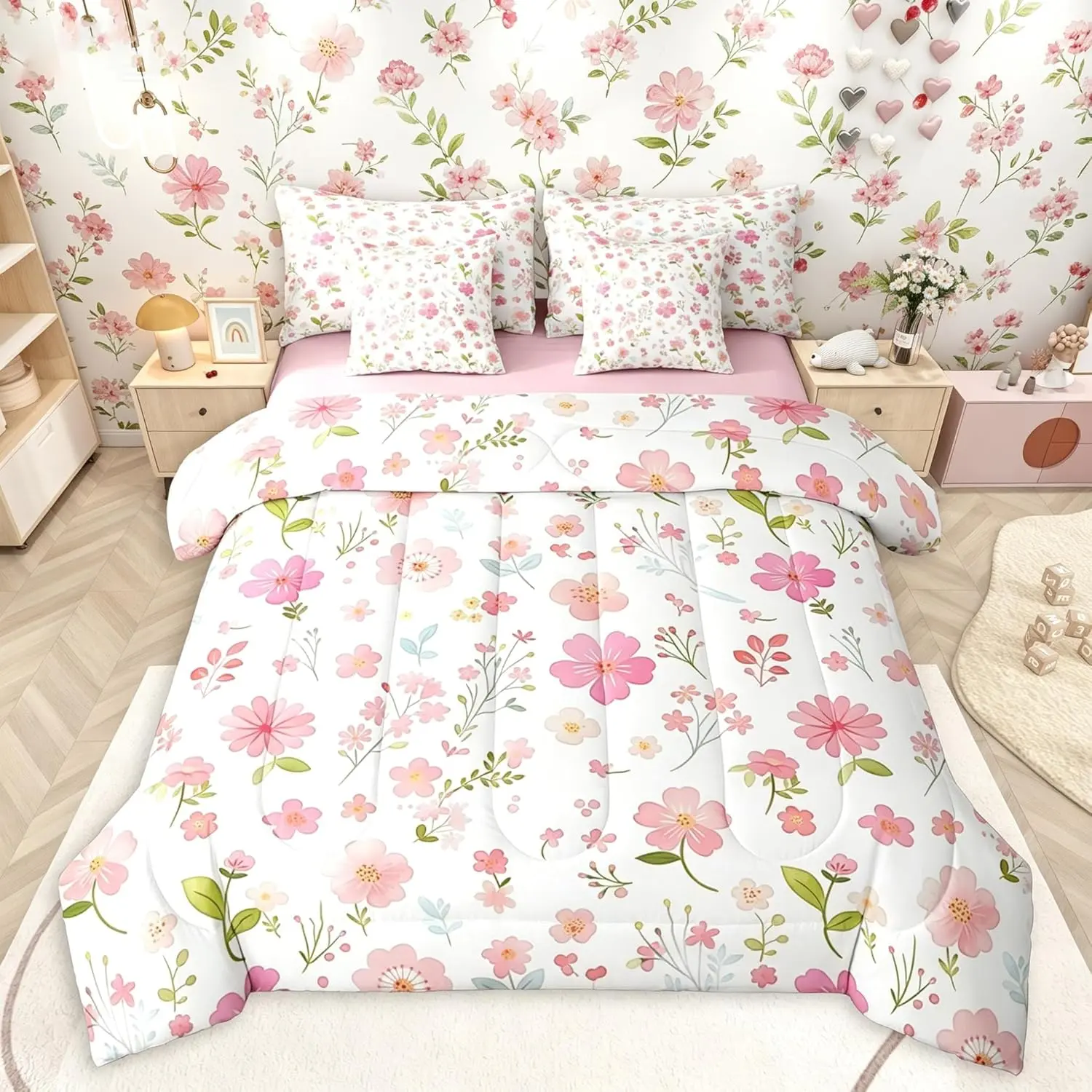 Pink Floral Comforter Set 7 Piece Bed In A Bag y Cute Botanical Flowers Bedding Sets and Adults Chic Garden Style Leaves Comforter and Sheets Kawaii Aesthetic Room Decor Bed Set