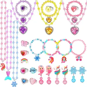 L-JLY001  Kids Play Jewelry Sets, Princess Toys for Girls 4-6, 29 Pcs Little Girl Costume Jewelry, Unicorn Necklaces, Bracelets, Rings, Earrings, Dress Up Birthday Easter Gifts for Kids Pretend Play Party Favor