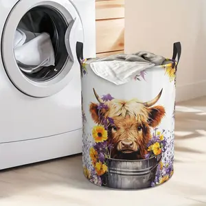 Highland Cow Laundry Basket Foldable Oxford Cloth Funny Tote BagClothes Storage Bucket Toy Organizer Forbathroom Decor And Accessories, Bathroom Organizers And Storage, Room Decor, Laundry Hamper, Local Warehouse 19.6*15.7 Inch, Laundry Baskets