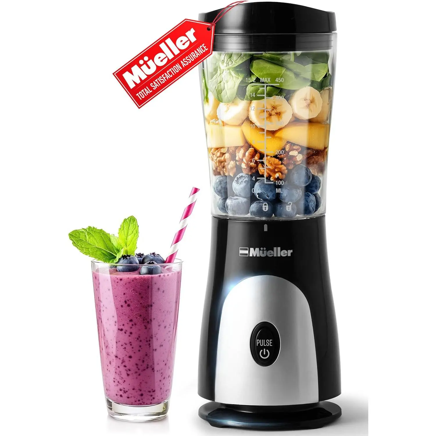 Portable Blender for Shakes and Smoothies, 15oz Personal Travel Cup with Lid, Durable Stainless Steel Blades for Frozen Drinks, Black, Smoothie Machine, Shake Machine