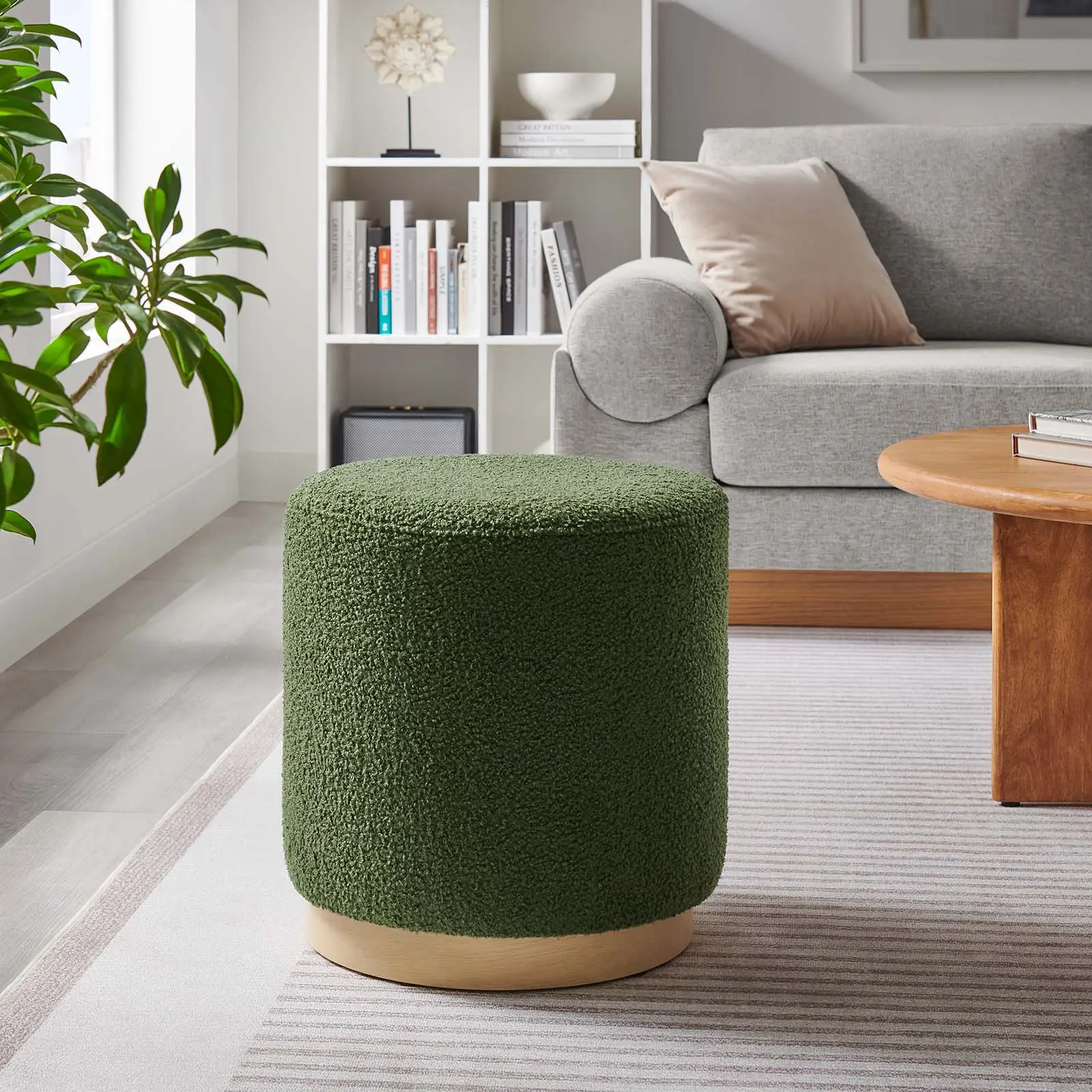 Modway Tilden 16" Round Sherpa Upholstered Ottoman in Moss Green Natural