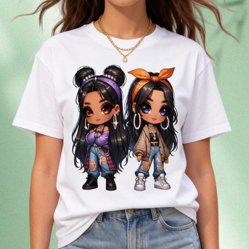 Sohochic Women's Basic Lightweight Vintage Oversized Tshirt - Cute BFF Chibi Print Top, Y2K Streetwear Aesthetic Casual Shirt, Fits Sweatpants, No Bleach, Exclusive Free Gift, All Seasons Wear