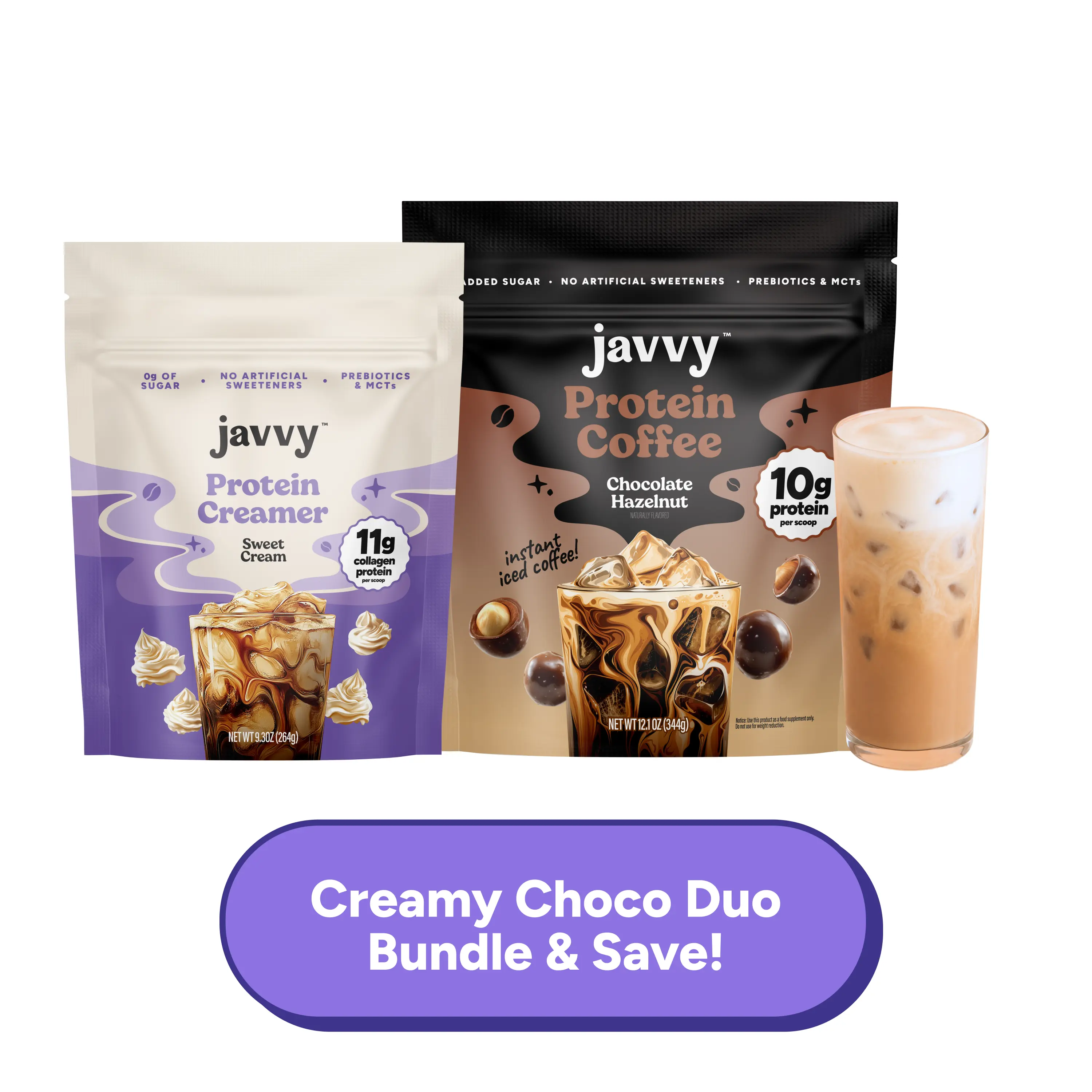Javvy Creamy Choco Hazelnut Duo TikTok Exclusive Bundle Chocolate Hazelnut Protein Coffee and Sweet Cream Collagen Creamer Premium Whey Protein Instant Mix, 100% Natural, No Artificial Flavors & Sweeteners, No Added Sugar, 80 mg Caffeine Per Serving
