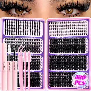 800/400pcs Eyelash Extension Kit, Eyelash Extension Glue, Eyelash Tools, Lower Lashes, Pointed Tip Lashes, D-Curl Lash Clusters 10-18mm, DIY Eyelash Extensions, Reusable, Makeup Essential