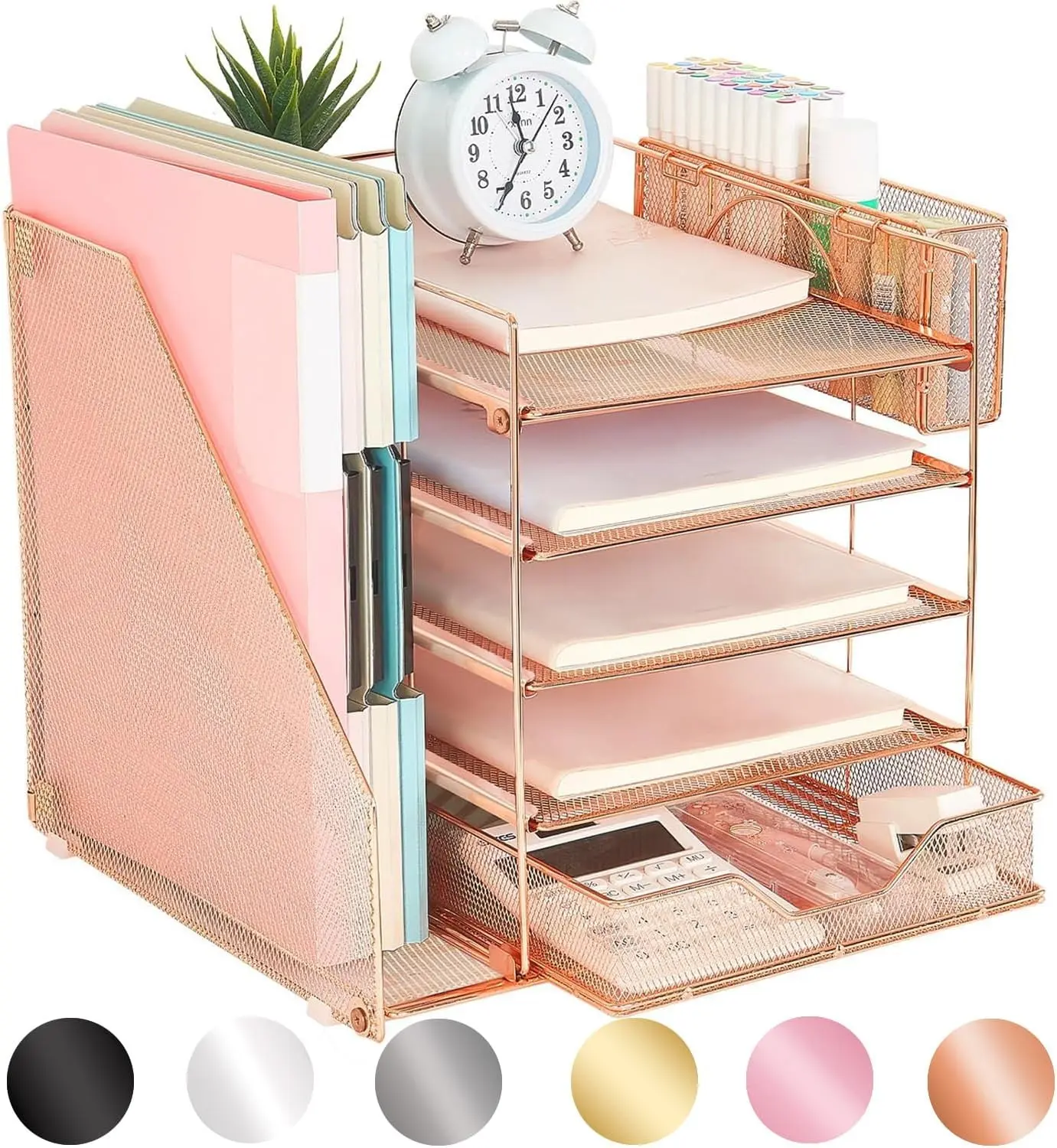 5-Tier Paper Letter Tray Organizer with File Holder, Desk Organizer with Drawer and Pen Holder, Mesh Desktop Storage with Magazine Holder for Office Supplies (Rose Gold)