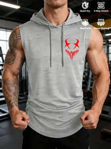 Abstract Red Bull Head Print Men's Hooded Sleeveless Fitted Vest, Vibrant Tough, Gift for Fashionistas, Street/Party, Athletic Casual, Tops, Menswear, Sporty