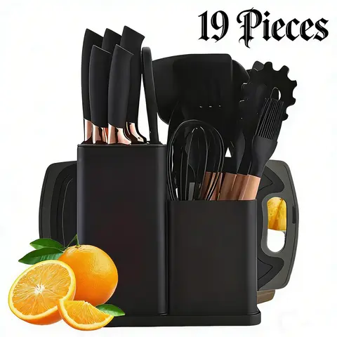 19-Piece Stainless Steel Kitchen Utensils Set - Dishwasher-Safe Silicone Handles, High-Temp Resistant, Scratch-Protective for Nonstick/Ceramic Pans, Includes Chef Knives & Stand, Oil-Resistant, Ideal for Birthdays/Weddings Gifts