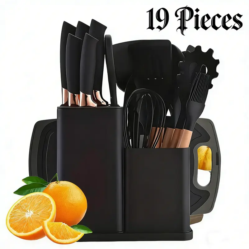 19-Piece Stainless Steel Kitchen Utensils Set - Dishwasher-Safe Silicone Handles, High-Temp Resistant, Scratch-Protective for Nonstick/Ceramic Pans, Includes Chef Knives & Stand, Oil-Resistant, Ideal for Birthdays/Weddings Gifts