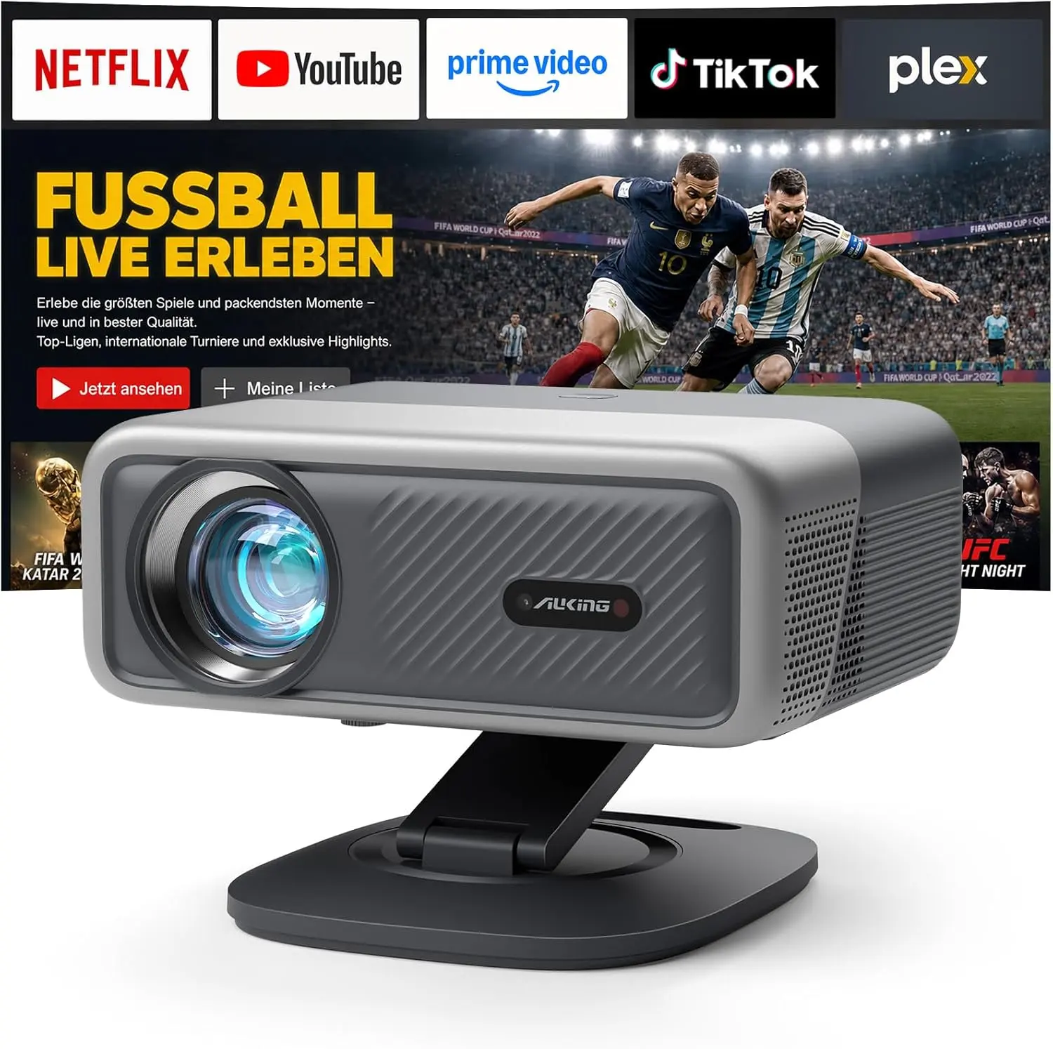 [Now with Netflix & 1200 ANSI] 4K Projector with WiFi and Bluetooth,TOF Real-Time Auto Focus Smart Projector, Upgrade for AuKing Overhead Projectors Theater Proyector with Omni-Adjustable Stand(grey)