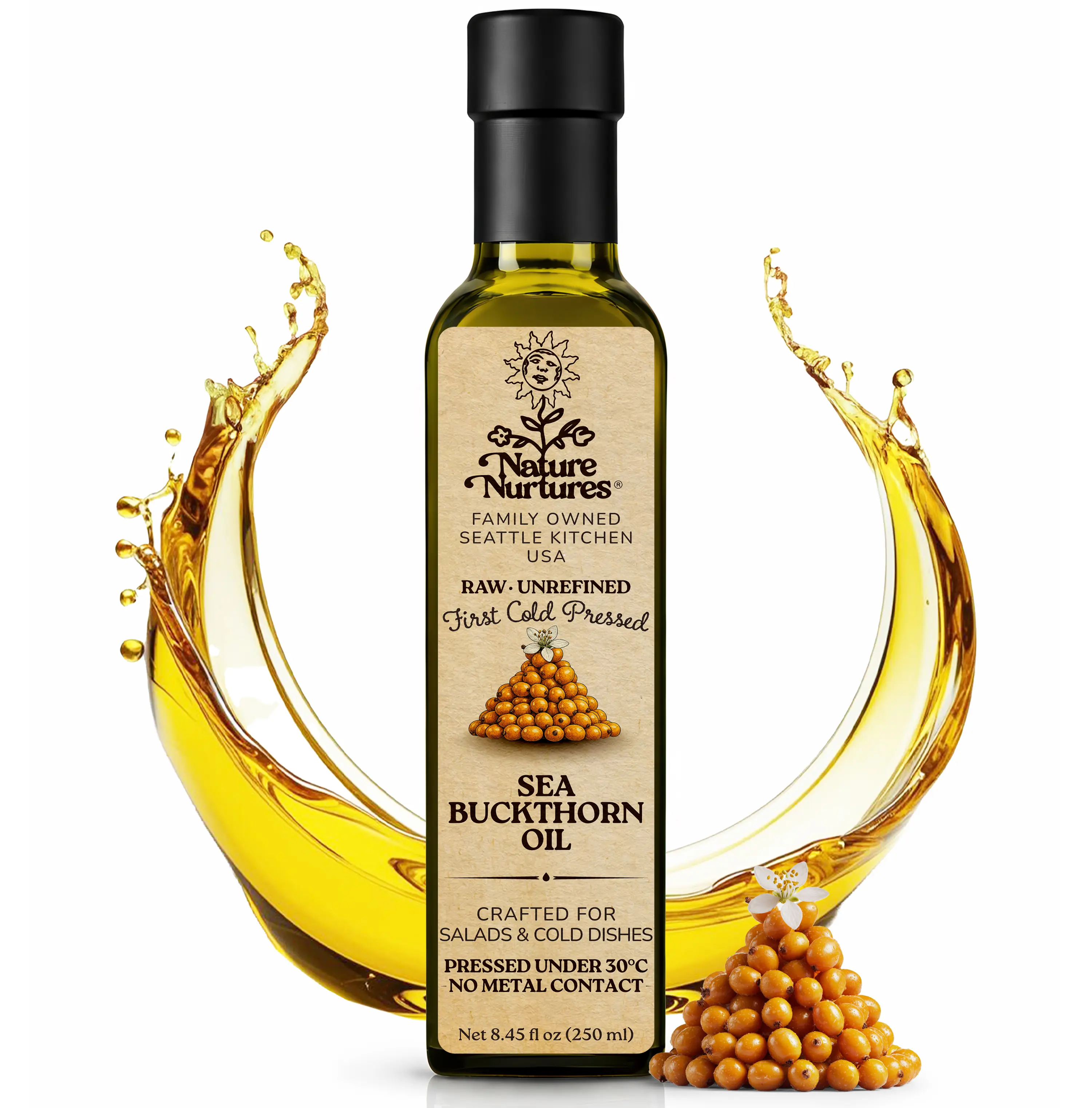 Sea Buckthorn Oil for Cooking & Drizzling · Raw · Unrefined · First Cold-Pressed at Temperatures Below 30°C · Pressed Only Once · Without Metal or Wood Contact · Small Batch · Handcrafted in Seattle USA · 100% Pure & Natural · Also Loved for Skin and Hair