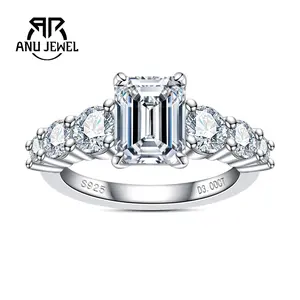 AnuJewel 3CT Emerald Cut Moissanite Engagement Ring D Color VVS1 925 Sterling Silver Anniversary Wedding Promise Rings 7*9mm for Women with Certificate