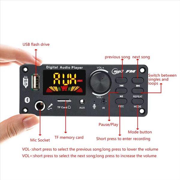 Professional Audio Decoder Module 6.5mm Microphone 12V Amplifier Bluetooth MP3 Decoder Board 2*50W Stereo Channel with Color Screen Recording Call Audio Decoding Module