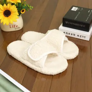 Adjustable Velcro Peep Toe Cotton Warm Plush Indoor House Shoes Women's Winter Slippers Soft Fluffy Non-Slip Comfortable Girl Flipflop Tsinelas Black