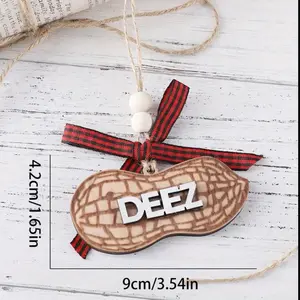 Whimsical Wooden Deez Nuts Ornament - Two-Layer Engraved Peanut Design Rearview Mirror Decoration with Bow Lanyard