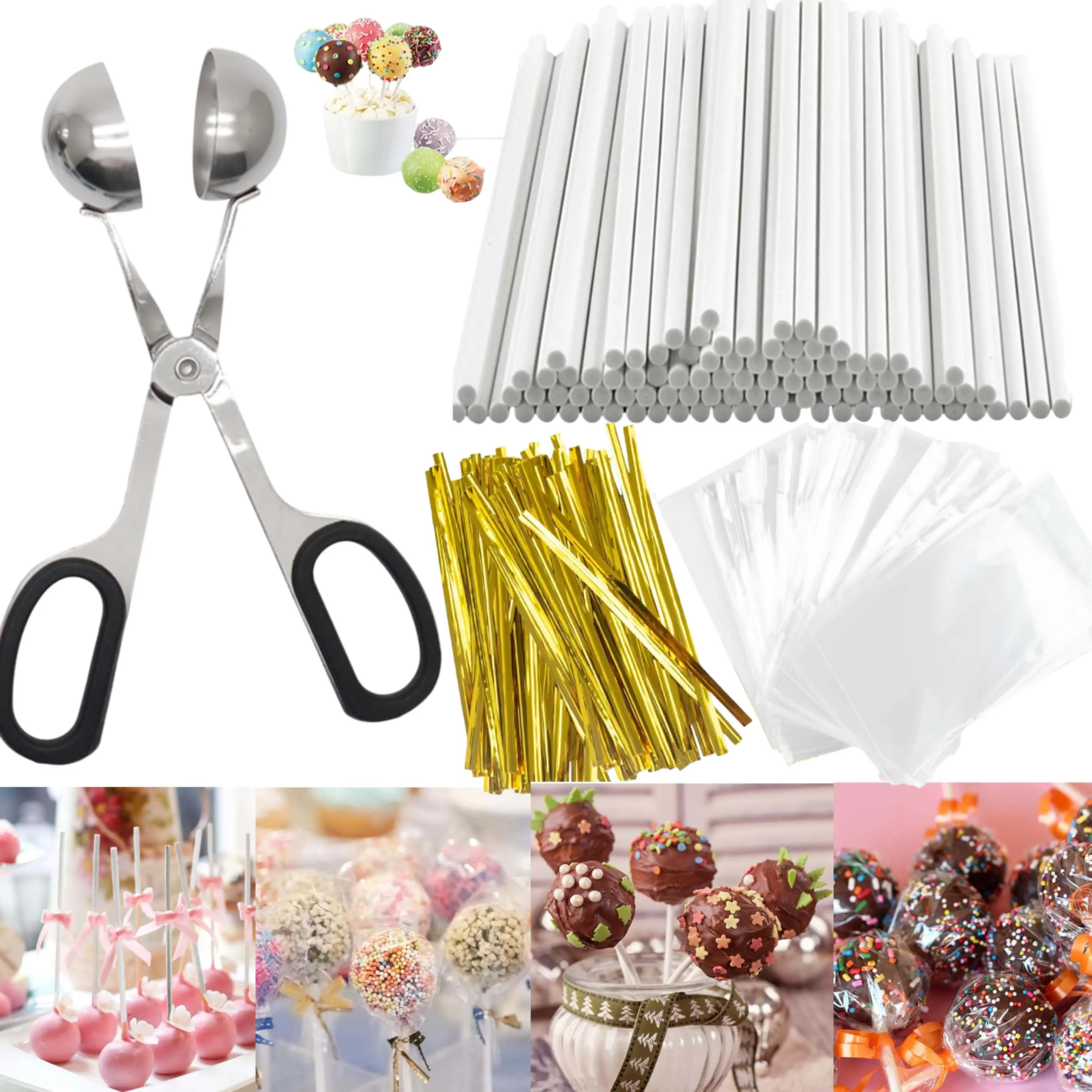 Cake Pop Mold Sticks and Wrappers Cake Pop Kit Set Include 100 Parcel Bags 100 Papery Treat Sticks Metallic Twist Ties Scooper Ball Maker Lollipop Tools for Candy Chocolates and Cookies