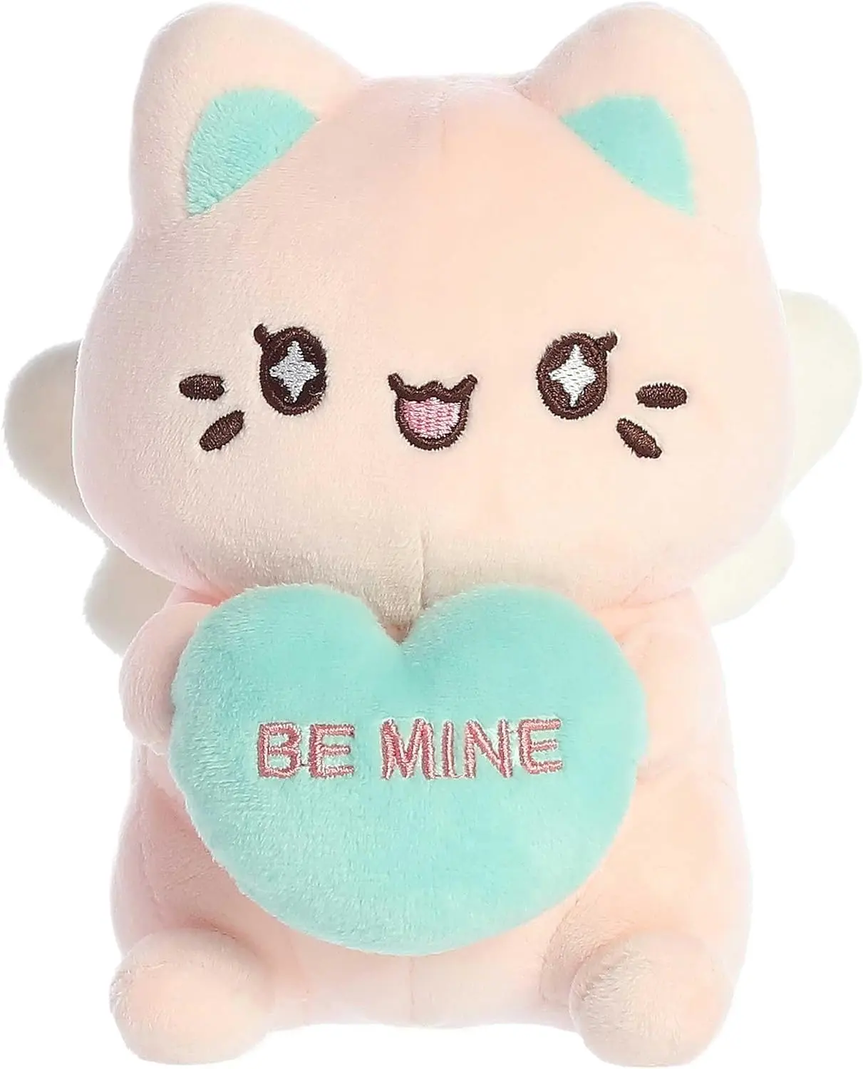 7in Kawaii Japanese-Inspired Sitting Meowchi Plush - Aurora Enchanting Peach Pink Candy Heart Collectible, Soft Fabric, No Cartoon Character