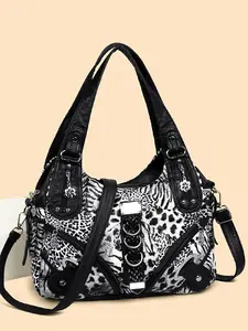 New European Style Leopard Print Large Capacity Shoulder Bag, Trendy Crossbody Bag, Vintage Washed Soft Leather, Adjustable Strap, Multi-Pocket Tote, Commuter Bag, Fashionable Unique Bags