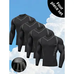 Men's Four-Piece Workout Clothes Set Summer Quick-Drying Sun-Proof Wicking Tights Long Sleeve Training Top Basketball Sports Suit Breathable High Strength Training Clothes