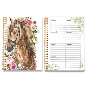 1pc A5 Graceful Brown Horse Surrounded By Roses Spiral Undated Planner, Daily Weekly Agenda Notebook, Weekly Planner, Office School Stationery, Goal Setting & Planning, 8.3x5.5 in, 50 Sheets.